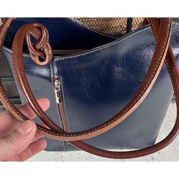 Vera Pelle Genuine Leather Solo Perche Backpack Purse Navy W/Brown Made In Italy - Picture 14 of 16